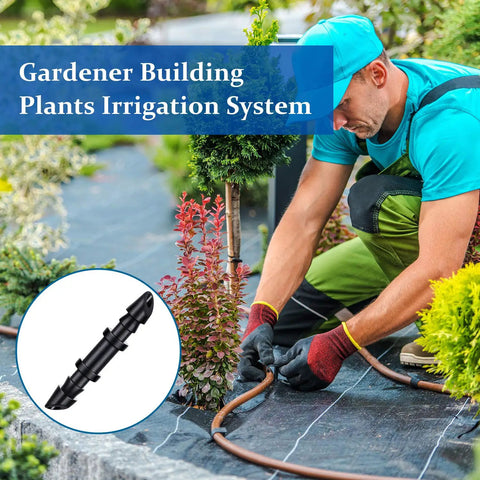 Gardener installing 300 Pieces One Quarter Inch Single Barbed Drip Irrigation Fittings And Couplers in garden