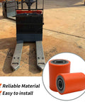 2Pcs Load Wheel Set Replacement For Toyota 8HBW23 Electric Pallet Jack Lift Truck, orange nylon casters in front of pallet jack.