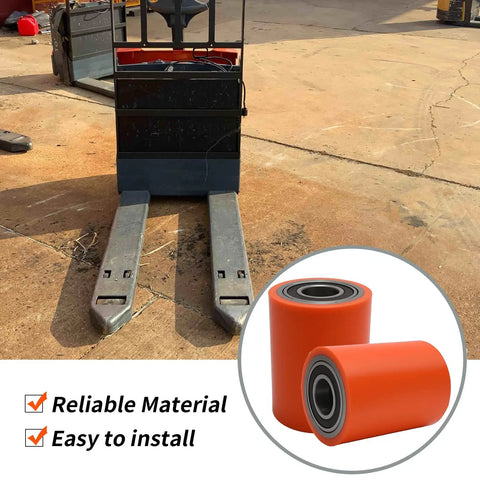 2Pcs Load Wheel Set Replacement For Toyota 8HBW23 Electric Pallet Jack Lift Truck, orange nylon casters in front of pallet jack.