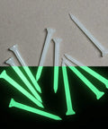 Glow In The Dark Golf Tees Two And Three Quarters Inch Pack Of 10 for night golf, shown glowing and unlit on a surface.