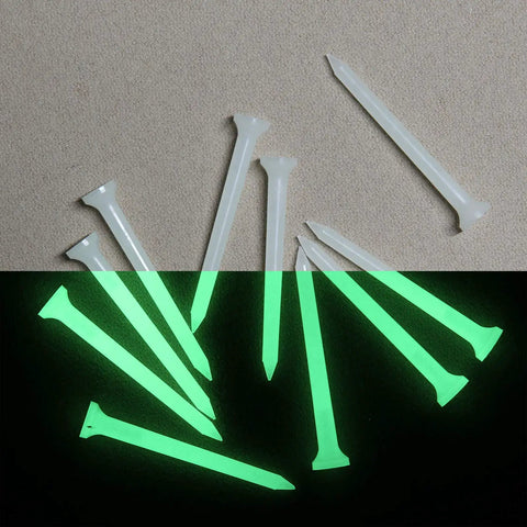 Glow In The Dark Golf Tees Two And Three Quarters Inch Pack Of 10 for night golf, shown glowing and unlit on a surface.