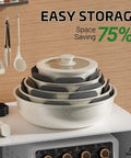 23 Piece Nonstick Ceramic Cookware Set With Detachable Handles Induction Compatible And Oven Safe Cream White Eco Friendly Kitchen stacked