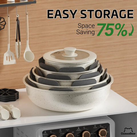 23 Piece Nonstick Ceramic Cookware Set With Detachable Handles Induction Compatible And Oven Safe Cream White Eco Friendly Kitchen stacked