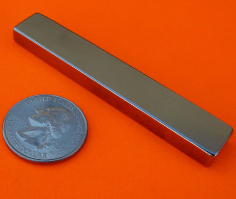 2 Pack Nickel-Coated Bar Magnets, 3 By One Eighth By Five Sixteenth Inch Rectangular Neodymium Mounting Magnets next to a coin