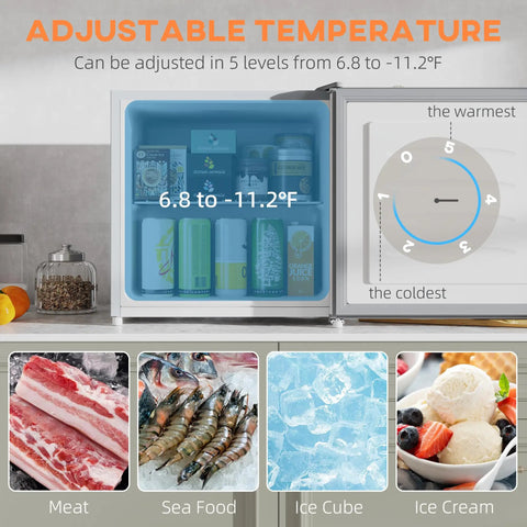 Adjustable temperature settings of Sleek Compact Countertop Mini Freezer With Removable Shelves And Cool Gray Housing.