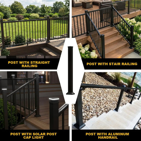 Heavy Duty Three By Three Inch Aluminum Railing Post Built For Porches And Decks Holds Up To 800 Lbs Textured Black Powder Coat AAMA2604 IBC Compliant 39 Inch Height with multiple railings