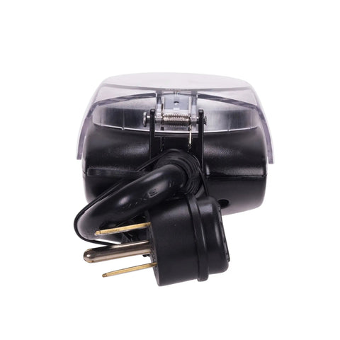 Heavy Duty Outdoor Digital Plug And Play Timer With 15 Amp Capacity, black plug and transparent cover view from the back.