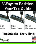 Hella Tough Four Piece Tap And Drill Guide Set With V Groove Floor Base For Round Or Flat Stock Heat Treated Steel positioned on corners, round pieces, and flat materials.