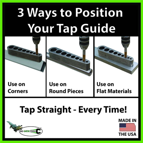Hella Tough Four Piece Tap And Drill Guide Set With V Groove Floor Base For Round Or Flat Stock Heat Treated Steel positioned on corners, round pieces, and flat materials.