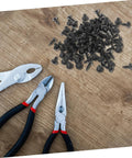 Miniature Screw Set 100 Pieces Tiny Fasteners next to pliers on wooden table for Furniture Repair and Small Machinery Projects