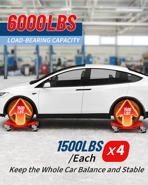 Heavy Duty Wheel Dolly Set Of 4 6000Lbs Capacity Automotive Moving Platform with car on dolly in garage setting.