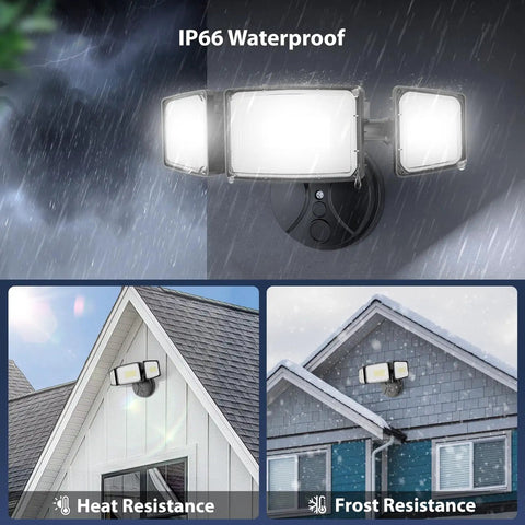 Heavy Duty 100W LED Flood Lights Outdoor Serving Nasty 11000 Lumens With Three Swiveling Heads Switch Activated IP65 Sealed Weatherproof Daylight Optics For Yard Garage Patio And Roof Eaves