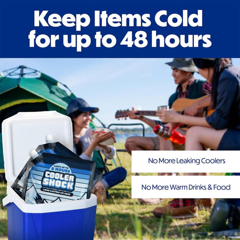 Four Pack 10x10 Inch Cooler Ice Packs With Screw Cap No Ice Needed 18 Degrees F Phase Change Reusable Water Activated Cold Packs For Camping Picnics And Travel Keeps Food And Drinks Ice Cold For 24 To 48 Hours Safe USA Made in cooler with campers in background
