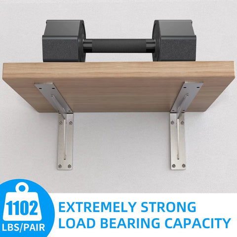 Heavy Duty Shelf Brackets 12x8x2 Inches, One Fifth Inch Thick Solid Stainless Steel L Brackets, wall-mounted, holding a dumbbell