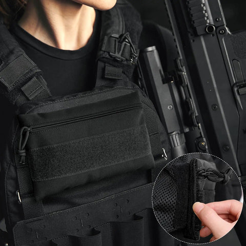 Top Shelf Black 3 Pack Tactical Zipper Pouches Featuring Secure Hook And Loop Panel For Tactical Vest Chest Rig, shown on gear.
