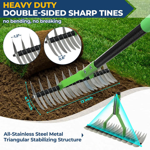 65 Inch Thatch Rake And Garden Rake Dual Sided Sharp Steel Tines Adjustable Handle Lightweight Reversible Head For Easy Yard Work And Dethatching Precision Lawn Care Debris Removal Soil Leveling illustration of rake with double-sided sharp tines and measurements.