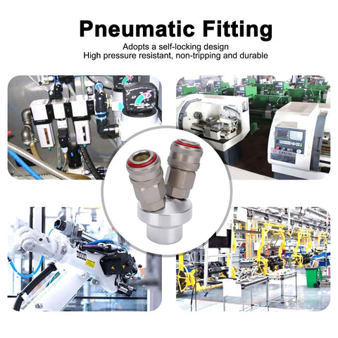 Two Way Connector Chrome Plated Pneumatic Quick Coupler With Self Locking Mechanism For One Handed Quick Connect in industrial setting