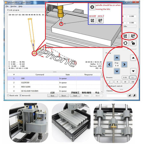 CNC1610 Pro 3 Axis GRBL Control DIY Mini CNC Router Kit interface and components view, aluminum frame, spindle motor.