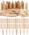 Assorted Wood Dowels Set, Fifty Pcs, Hardwood Dowels In Three Sixteenth Inch, Quarter Inch, Five Sixteenth Inch, Three Eighth Inch, And Four To Ten Millimeter Length, Grooved And Fluted Pins For Furniture Woodworking And Carpentry displayed arranged in piles.