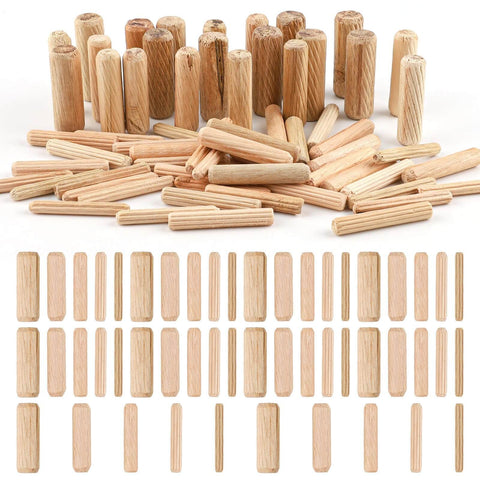 Assorted Wood Dowels Set, Fifty Pcs, Hardwood Dowels In Three Sixteenth Inch, Quarter Inch, Five Sixteenth Inch, Three Eighth Inch, And Four To Ten Millimeter Length, Grooved And Fluted Pins For Furniture Woodworking And Carpentry displayed arranged in piles.