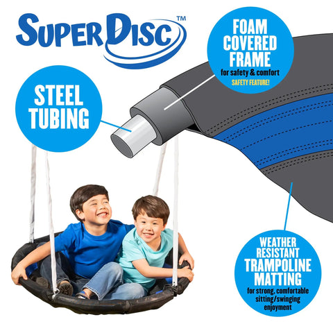 Backyard Swing Set With Seven Seats And Five Stations, showing kids on Super Disc Swing with steel tubing and foam covered frame