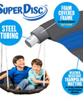 Close-up of SuperDisc swing with steel tubing, foam covered frame, trampoline matting, and two children sitting on the swing.