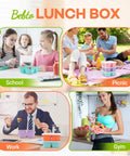 Collage of people using Four Compartment Bento Lunch Box Pack For Meal Prep at school, picnic, work, and gym.