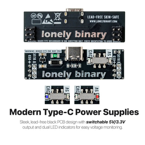 Three Pack Breadboard Power Supply Modules 3.3V And 5V USB C Output Switchable With Overcurrent Protection shown front view