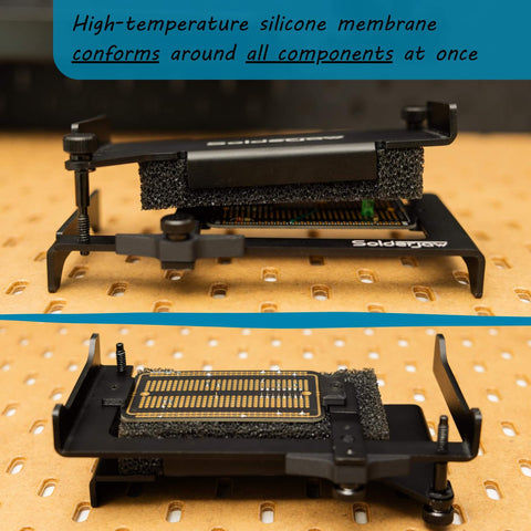 Hands Free Through-Hole Soldering Jig For PCBs And Breadboards CSJ-1, showing side view with conforming silicone membrane.