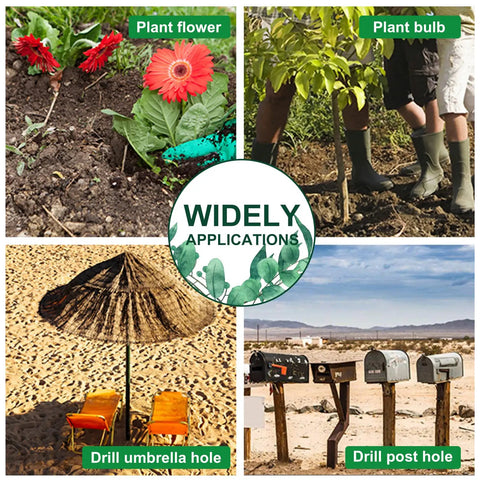 4 application scenarios of 3x24 Inch Garden Auger Drill Bit for 3 by 8 Hex Drive, showing planting and drilling in various settings