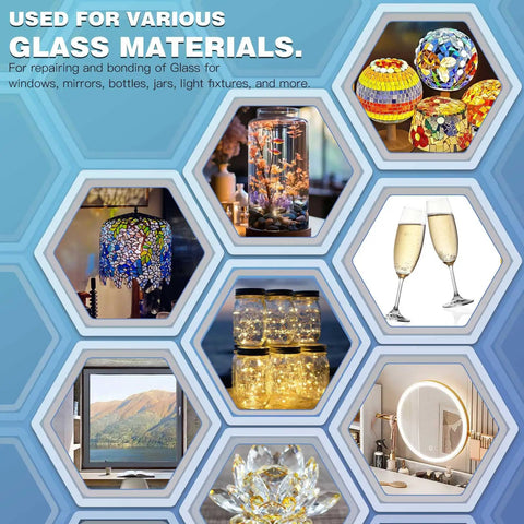 Image showcasing various uses of 30g Glass Glue That Delivers A Fast, Rock Solid Bond For Glass, Acrylic, Mirror And More, Waterproof, Dries Clear.