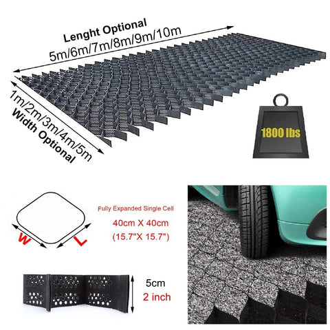 Gravel Grid Paver 5cm Stabilizer For Driveways Patios And Gardens with car parked on grid, unit size 40x40 cm, supports 1800 lbs