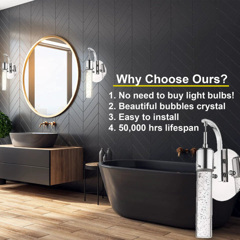 Modern Matte Black LED Wall Sconce with Bubble Glass above black bathtub in contemporary bathroom