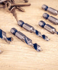 Stubby HSS Brad Point Drill Bit Set With One Quarter Inch Hex Shank For Carpenter Woodworking Seven Piece Pro Grade Bits SAE Sizes