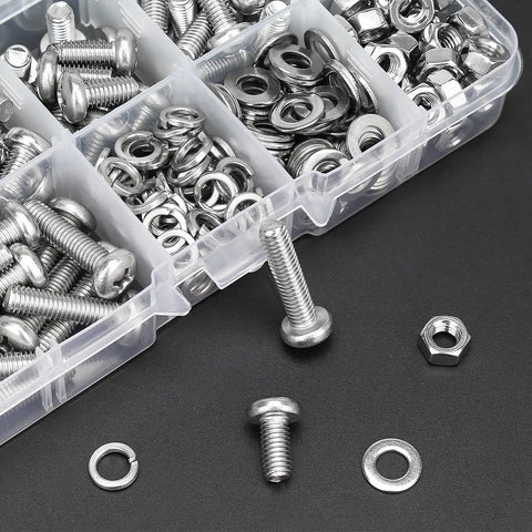 Kickass 304 Stainless Steel Metric Screw Kit With Phillips Pan Head Bolts M5 X 6mm 8mm 10mm 12mm 16mm 20mm Matching Hex Nuts And Lock Washers - assorted fasteners in transparent container.