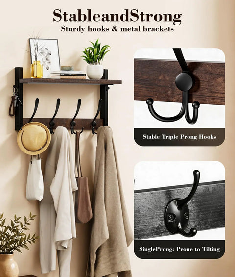 Top Notch Wall Mount Wood Coat Rack Sweet Space Saving Shelf Display Hook System features four triple prong bars and sturdy hooks