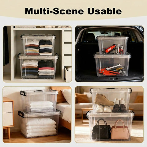 Sleek Clear Plastic Storage Bins With Secure Lids 90 Quarts 8 Pack heavy duty bins in various home settings for versatile organizing.