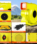 Heavy Duty 2HP Inflatable Air Blower For Big Bounce Houses Heavy Hitter features extended air outlet, waterproof design, and anti-slip base.