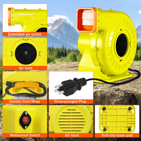 Heavy Duty 2HP Inflatable Air Blower For Big Bounce Houses Heavy Hitter features extended air outlet, waterproof design, and anti-slip base.