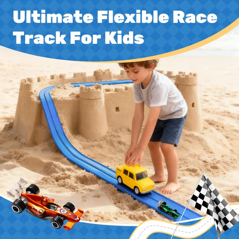 Child playing with 16 Ft Flexible Roll Up Race Car Track Set With Suction Cups on sand, compatible with 1:64 diecast cars.