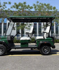 Green Four Seater Electric Golf Cart Patrol Cart Featuring Smooth Independent Suspension And Comfy Bolted Down Seats built for lazy weekend cruises, side view on street.