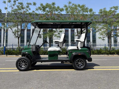 Four Seater Electric Golf Cart With Full Led Lighting And Tuned Independent Suspension Crafted For Chill Night Cruises Weekend Patrols Top Shelf Comfort And Sure Grip Tires In Green parked on a sunny street.