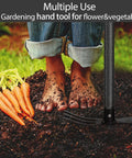 Beefy Heavy Duty Garden Hoe And Cultivator with Adjustable 45 Inch Handle beside carrots in soil