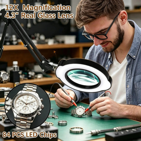 Man using 12X Magnifying Glass With Light And Clamp for watch repair; hands-free lamp with 84 LED real glass lens in workshop.