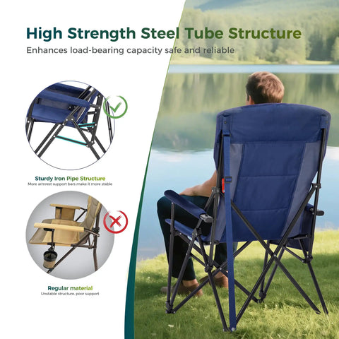 Person sitting on Oversized Folding Camping Chair With High Back Support Heavy Duty Lawn Chair For Adults Supports Up To 500 Lbs