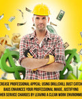 Person in plaid shirt and hard hat with financial symbols and text promoting Disposable Yellow Dust Catcher Bags For Drilling 30 Pack Self Adhesive Dust Collector Bags For Drywall Brick And Concrete Walls Kept Floors Clean Pro And DIY Use Trash Bags For Clean Job Sites And Professional Image Enhancement