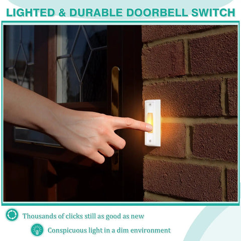 Hand pressing lighted push button of Hardwired Doorbell Chime Kit With Two Lighted Push Buttons Front And Rear Chimes 16V 10VA