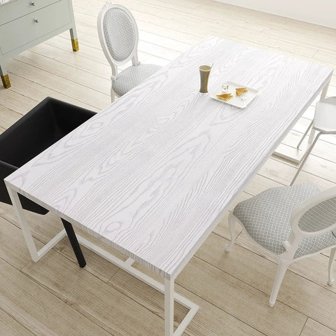 Table covered with White Wood Textured Peel And Stick Wallpaper For Countertops Cabinets Desks And Furniture Silver Wood Grain Vinyl