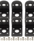 Six black metal motor mounting brackets for 25mm DC gear motors with multiple screw holes and screws