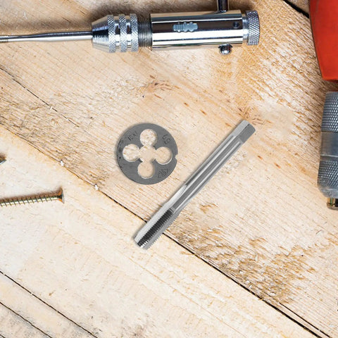 Rock Solid Precision Thread Tap And Die Set With Straight Flute Design For Handheld Convenience And Metal Construction, Perfect For Rapid Thread Repair And DIY Maintenance Tasks That You Can Actually Feel In Your Hands., steel tap and die set with round die and tap on wood workbench